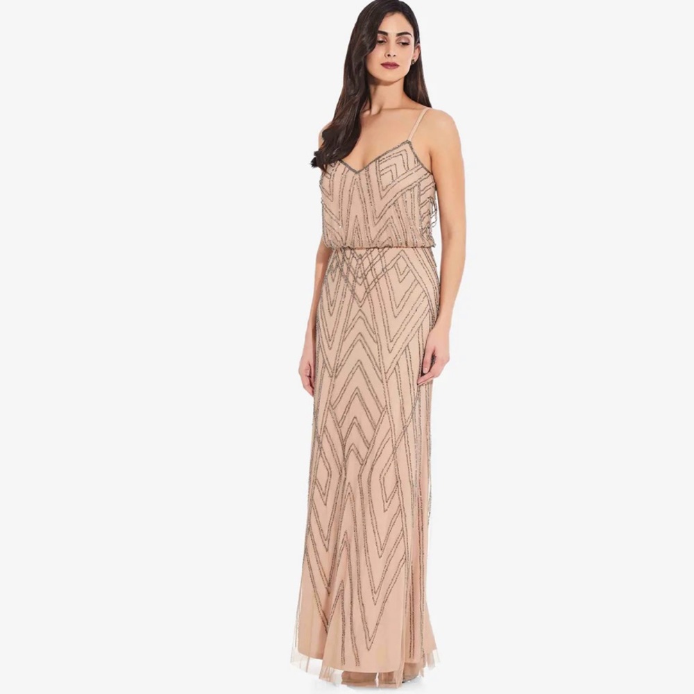 Adrianna Papell Beaded Blouson Gown Taupe Pink Formal Dress Size 12 NWT